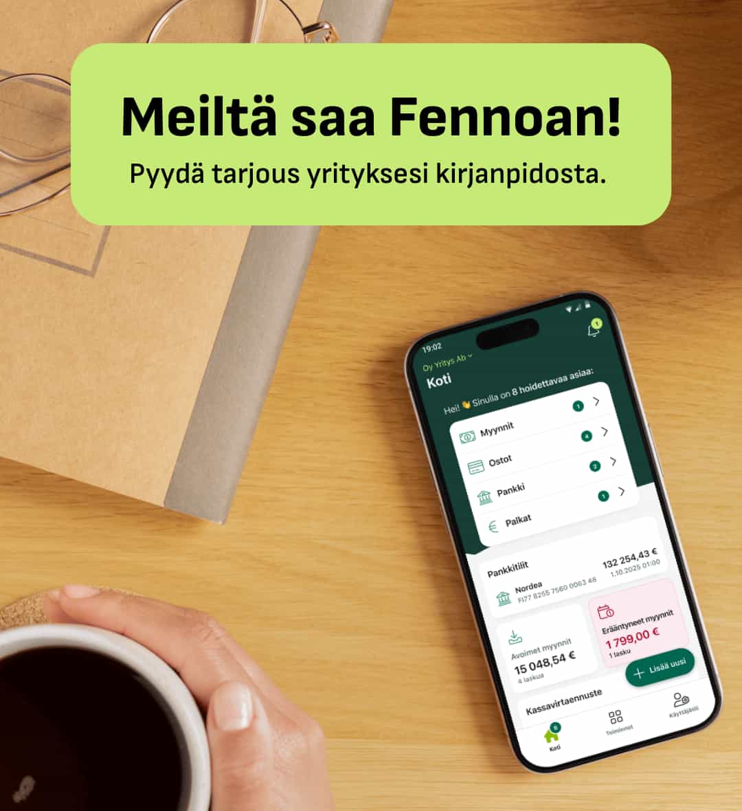 Kuva Fennoan mainoksesta, jossa kerrotaan pyytämään tarjousta kirjanpidosta